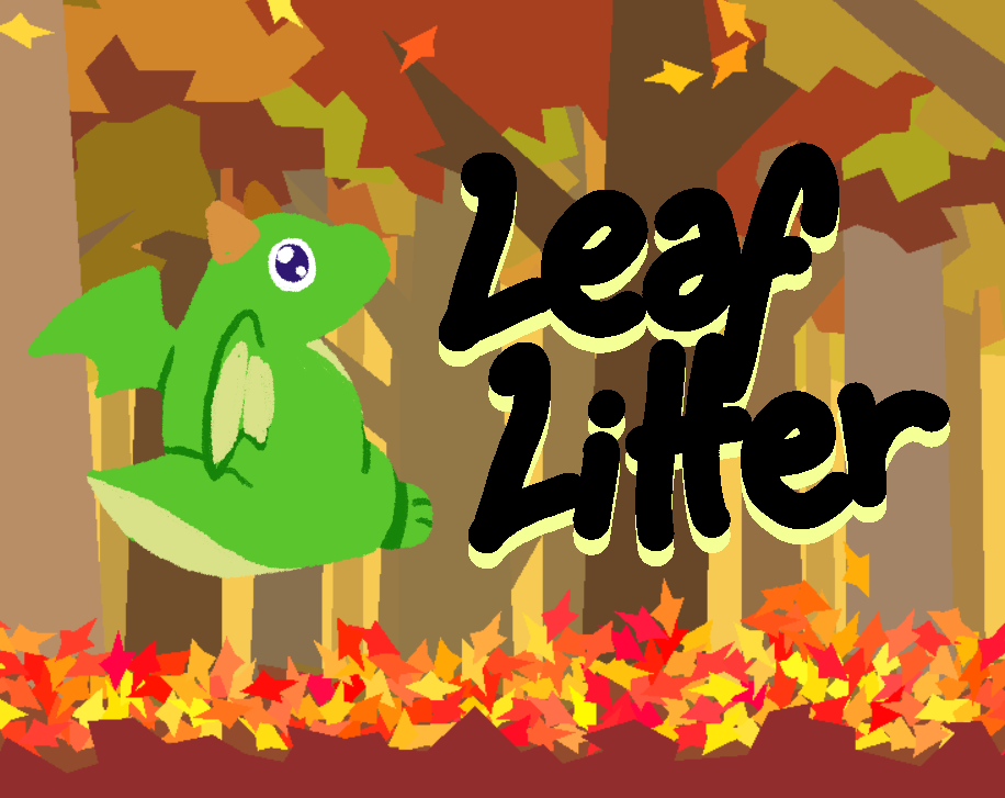 The cover image for Leaf Litter. A stylized scene of fall trees in a forest, rendered flatly as if they were cut from paper. Brightly colored red, orange, and yellow leaves litter the ground. Floating in the center is a little, round, green dragon sitting with its back to the camera, peeking over its shoulder. In bold black letters is reads 'Leaf Litter'.