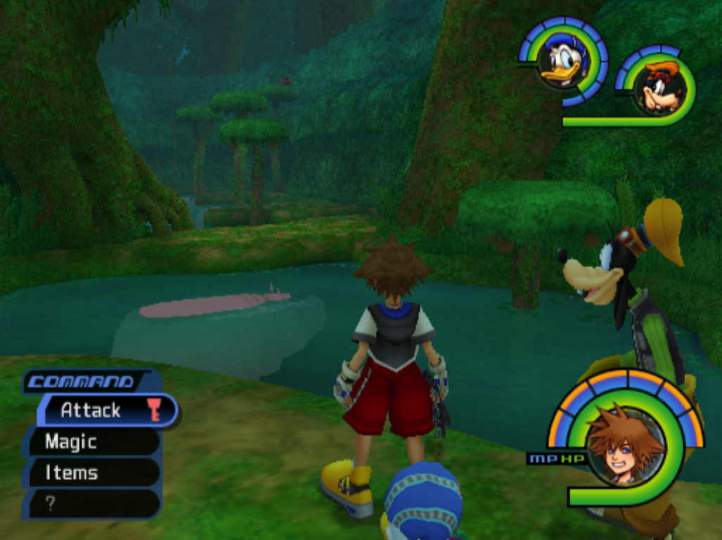 A screenshot of Sora, Donald, and Goofy standing at the edge of the worst platforming section maybe in the whole game. This is probably hyperbole. 