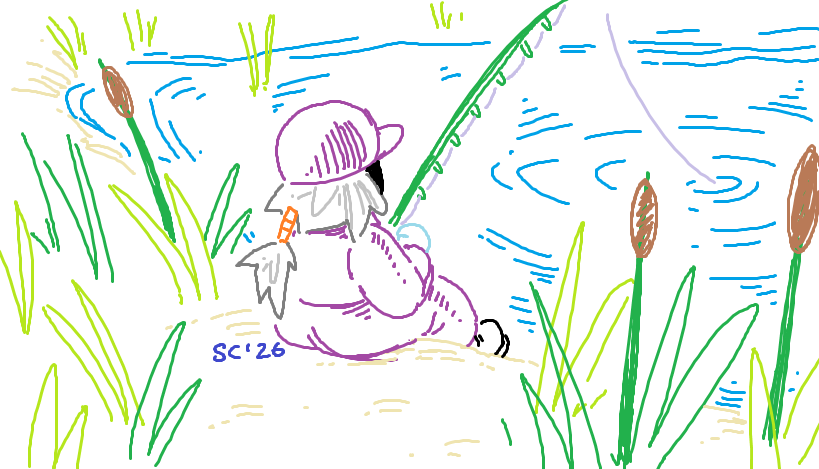 A doodle of Home from 24 Killers, sitting and fishing among the cattails.