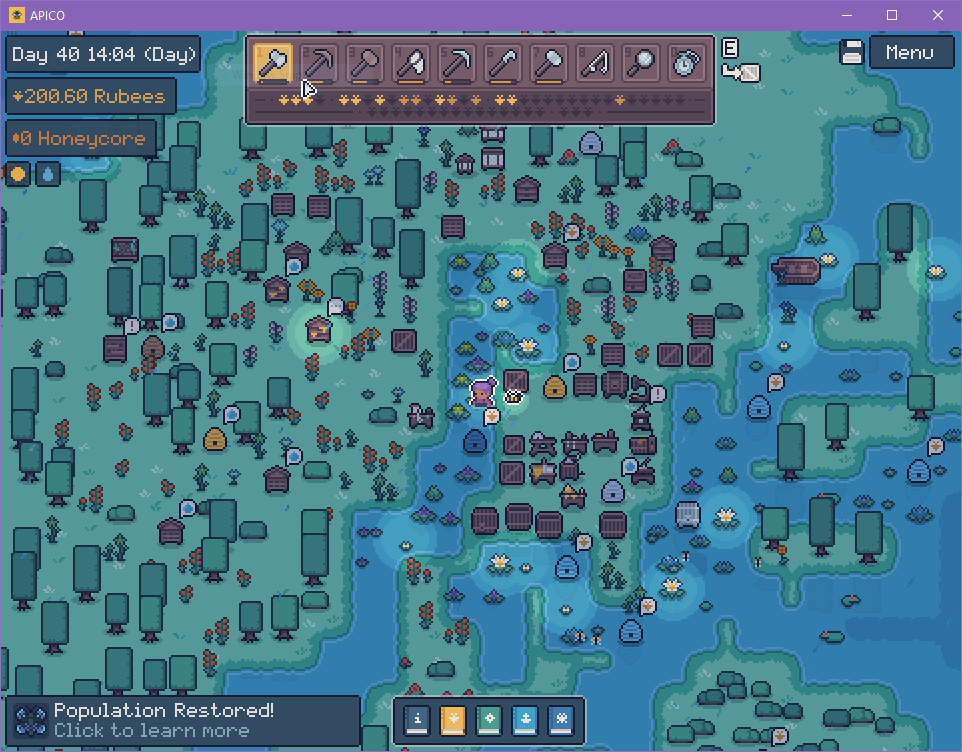 A screenshot of my terrible, unhinged bee farm. Hives are scattered across islands, between trees. There is no house in sight. My work benches are horribly clustered in a little circle.